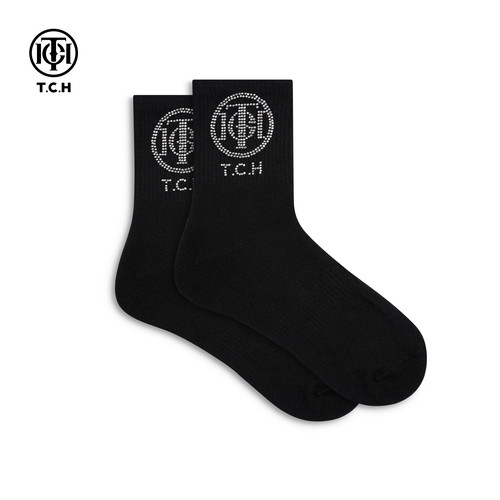 TCH潮牌镶钻logo耐穿袜子舒适透气中筒袜爆款黑色袜子T78C55E1003