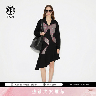 T78A30E1056 TCH烫钻蝴蝶结设计感不规则裙V领连衣裙女2026春新款