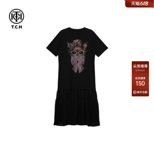 TCH时尚小猫烫钻荷叶边下摆宽松黑色连衣裙女春夏新款T78B30E1003