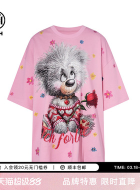 TCH轻奢潮牌卡通烫钻休闲宽松减龄短袖T恤女萌宠系列T75C10E9058