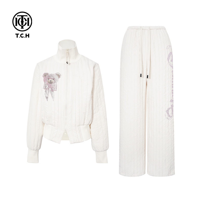 TCH私服烫钻时尚气质保暖外套休闲裤套装女25冬季新款T75D07E1047