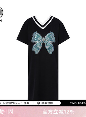 TCH时尚潮牌烫钻宽松显瘦V领蝴蝶结黑色连衣裙女T75A30E102025