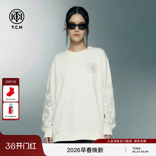 TCH轻奢时尚烫钻图腾简约休闲风白色圆领卫衣男女同款T78A116119