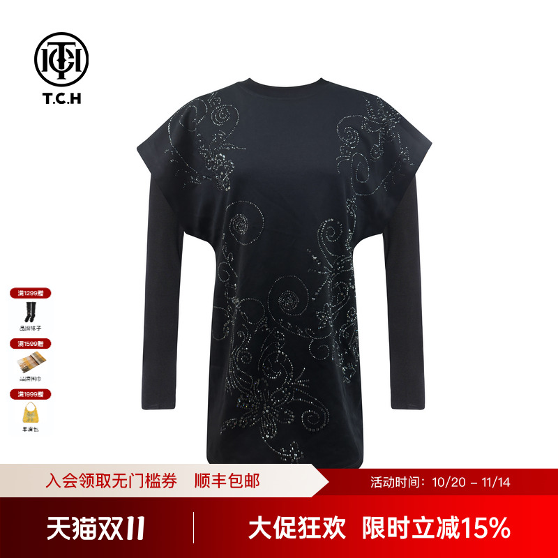 TCH轻奢时尚潮牌满钻花卉黑色简约连衣裙长袖T恤套装T75C07E1005