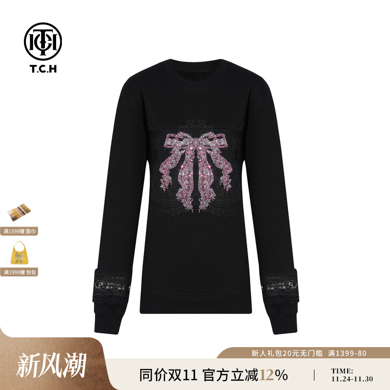 TCH私服烫钻时尚休闲百搭蝴蝶结圆领卫衣女25秋季新款T75C11B1016