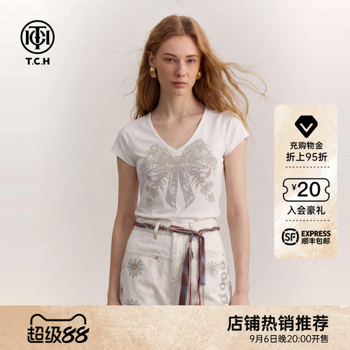 TCH烫钻蝴蝶结V领显瘦T恤女