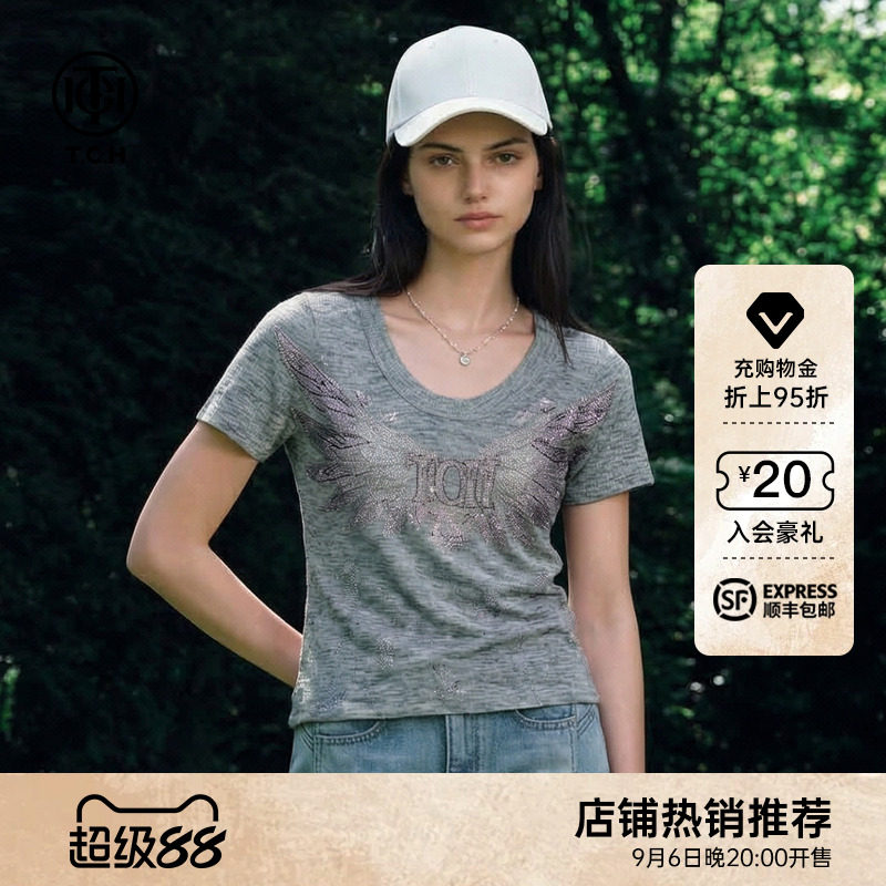 TCH烫钻翅膀修身显瘦针织短袖女图片