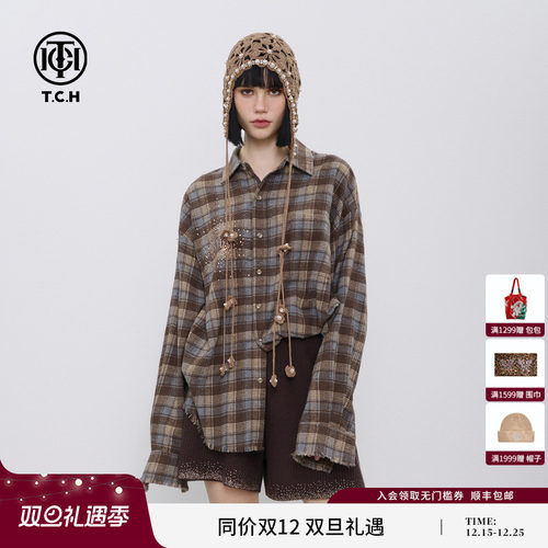 TCH复古港风奢华烫钻格子衬衫女高级感流苏新款上衣T72C13E5002A