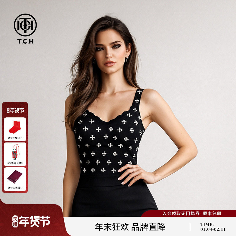 TCH欧式十字烫钻高级感黑色保暖带胸垫吊带背心可外穿T72C03E5022,女装/女士精品,背心吊带,淘宝优惠券,粉丝福利购,淘宝优惠卷
