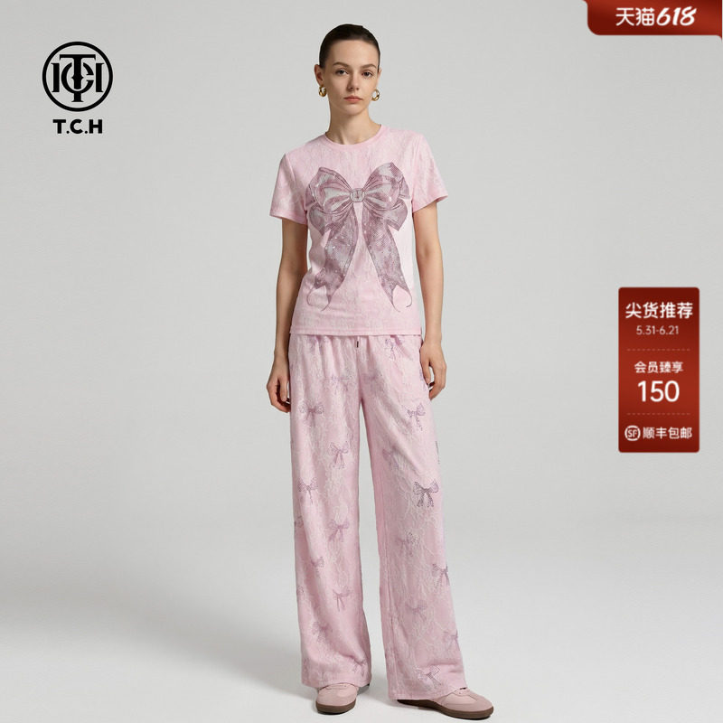 TCH烫钻蕾丝蝴蝶结休闲套装女春夏粉色甜妹风短袖T恤阔腿裤两件套