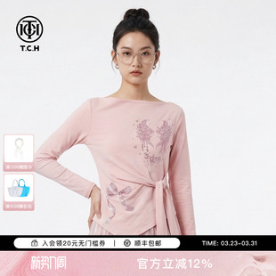 TCH粉色一字肩烫钻长袖 T恤女绑带收腰不规则辣妹上衣T78A08E1021