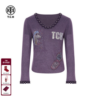T75D09E1128 新款 TCH时尚 烫钻紫色气质V领百搭针织上衣女2025冬季