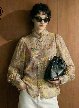 TCH烫钻提花复古立领衬衫女2026春新款设计感长袖上衣T78A13E1053