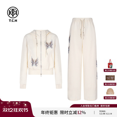 TCH私服烫钻早秋潮流连帽短卫衣外套休闲裤运动套装女T75C07E1030