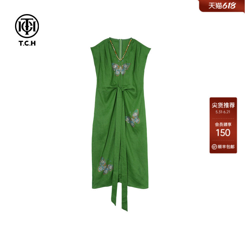 TCH烫钻设计感无袖时尚休闲百搭V领亚麻连衣裙女T75B30E5078