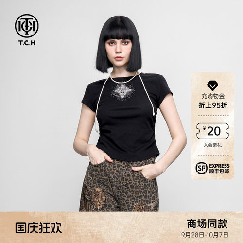 TCH修身显瘦辣妹正肩小飞袖烫钻短袖T恤女2026春夏新款黑色上衣