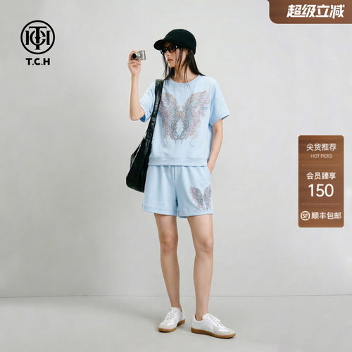 TCH烫钻翅膀夏季女T恤短裤套装