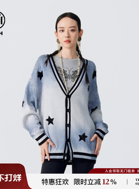 TCH满天星烫钻扎染五角星V领长袖针织开衫外套男女同款秋冬新款
