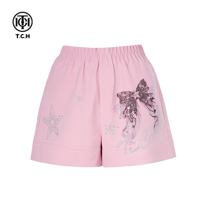 TCH烫钻高腰显瘦百搭宽松时尚气质休闲短裤女夏季T75B21E5146