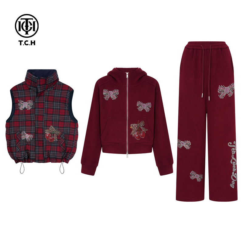 TCH私服25秋冬新款氛围感烫钻时尚马甲外套休闲裤套装T75D07E1027