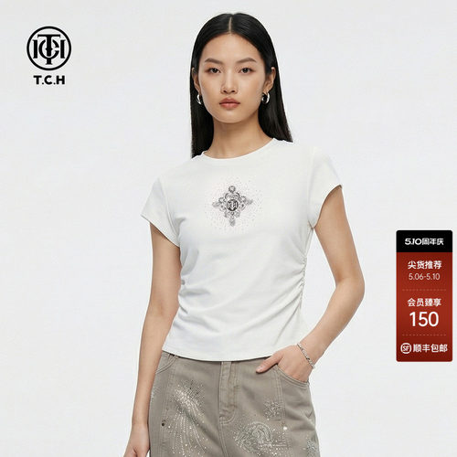 TCH2026春新款修身显瘦设计感短款辣妹正肩短袖T恤女T78A10E1028