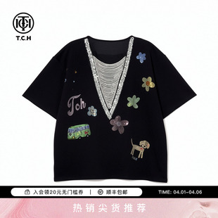 新款 T78A10E1005 T恤女潮26夏季 TCH设计感烫钻黑色宽松慵懒风短袖