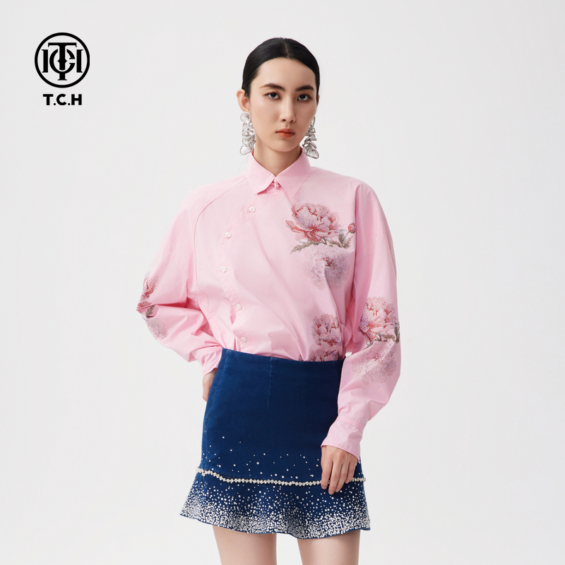TCH2024秋季新款粉色烫钻长袖衬衫女设计感小众上衣男T72C138003