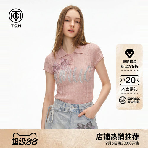 蝴蝶结烫钻polo领针织短袖女