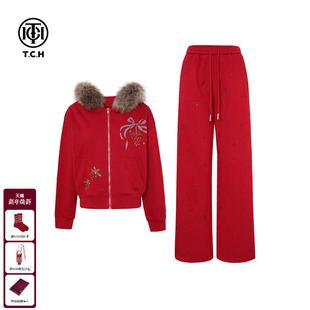 女T75D07E1087 红色套装 TCH潮牌时尚 烫钻百搭加绒连帽外套休闲裤