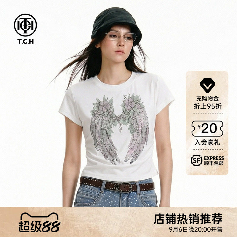 TCH烫钻天使翅膀短袖修身T恤图片