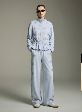 TCH潮牌雏菊烫钻冰川蓝收腰荷叶下摆外套阔腿裤套装女T78B07E1010