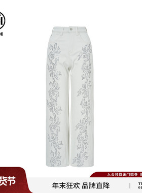 TCH私服25秋冬新款烫钻时尚休闲灰色直筒显瘦牛仔裤女T75D20E1059