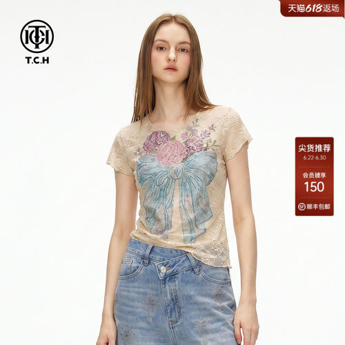 国风蝴蝶结花卉烫钻短袖T恤女