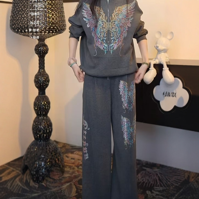 TCH私服慵懒烫钻时尚套头卫衣直筒裤套装女2025冬新款T75D07E1051