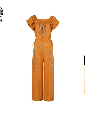 TCH烫钻亚麻时尚休闲气质泡泡袖圆领连体裤女夏季T75B20E5219