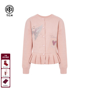 TCH时尚 上衣女T75D43E1063 烫钻粉色绵羊毛荷叶边慵懒减龄针织开衫