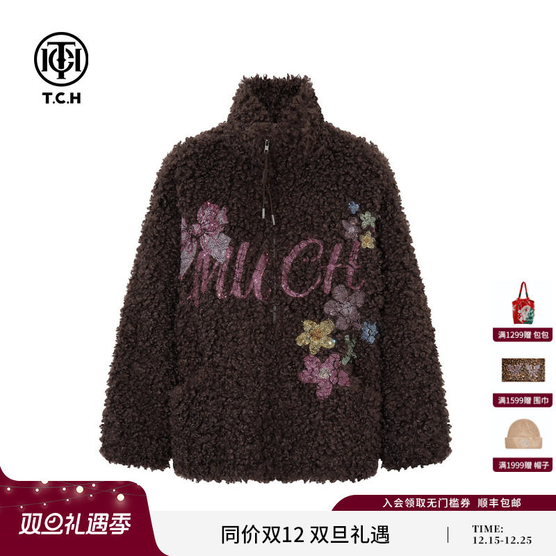 TCH私服慵懒风烫钻时尚仿羊羔毛厚外套女2025冬季新款T75D27E5001