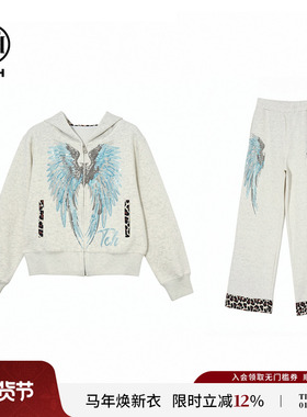 TCH烫钻翅膀连帽外套女休闲拼接阔腿裤套装26春季新款T78A07E1052