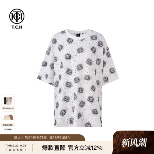 新款 2025夏季 T恤男女同款 TCH宽松休闲满印LOGO烫钻百搭圆领短袖