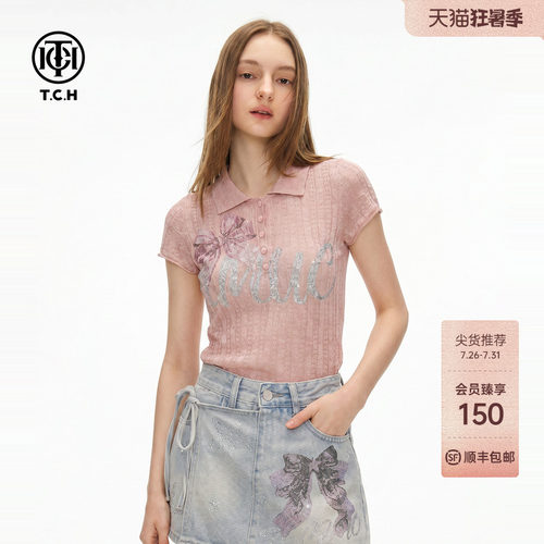 蝴蝶结烫钻polo领针织短袖女