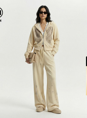 TCH拼接蕾丝连帽外套女烫钻天使之翼宽松休闲裤套装T78A07E1142