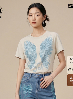 TCH翅膀烫钻短袖T恤女美式复古辣妹短款修身上衣春夏T78A10E1047