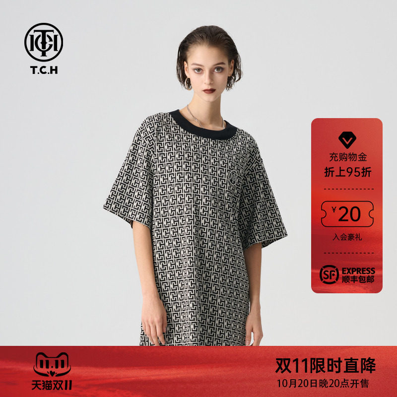 TCH轻奢夏季新款花色烫钻满印百搭宽松T恤连衣裙女T72B306038