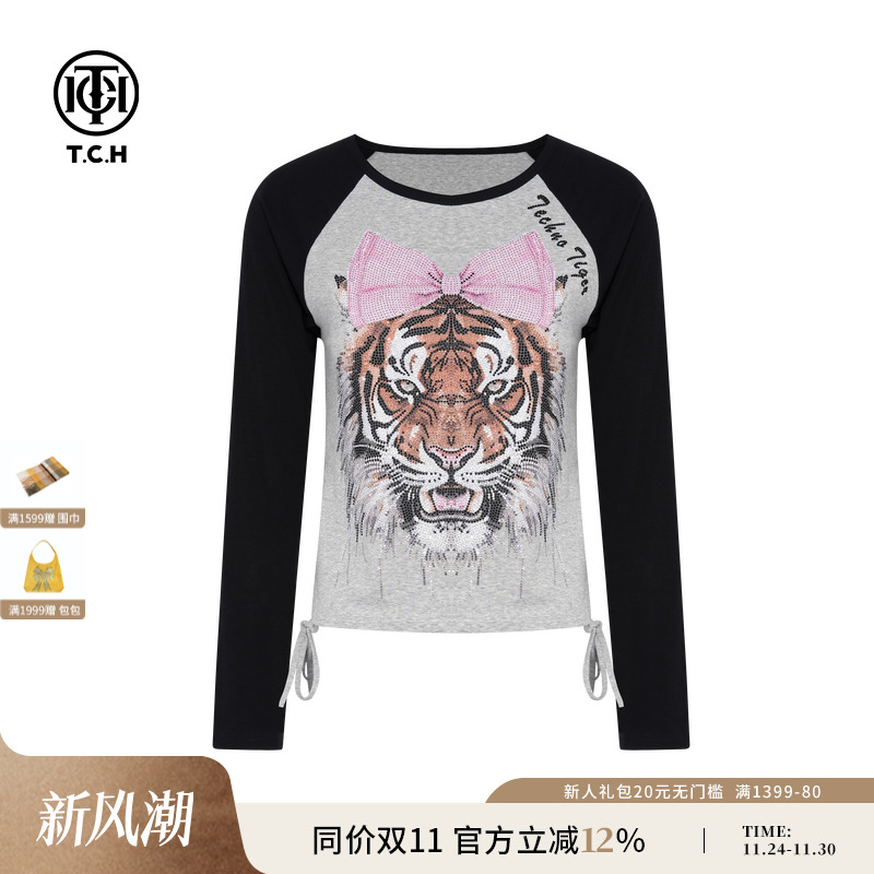 TCH轻奢潮牌虎头烫钻美式休闲百搭修身短款长袖T恤女T75C08E9022