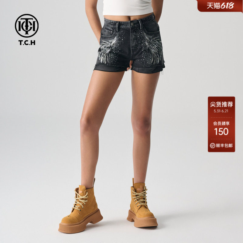 TCH轻奢夏季新款烫钻字母复古百搭牛仔短裤T72B218018