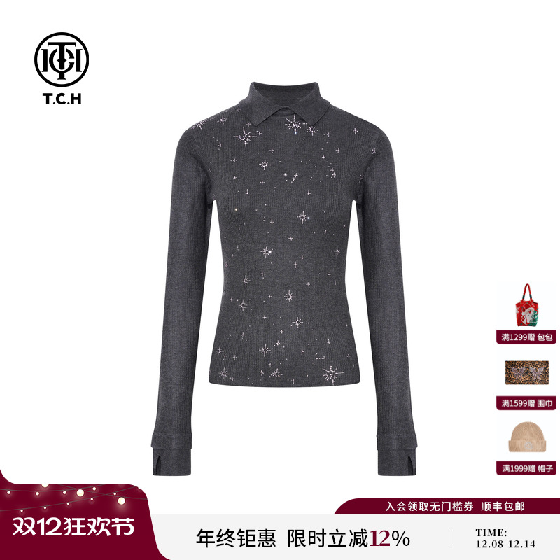 TCH韩版polo领软糯气质时尚烫钻修身打底针织衫上衣女T75D09E1153