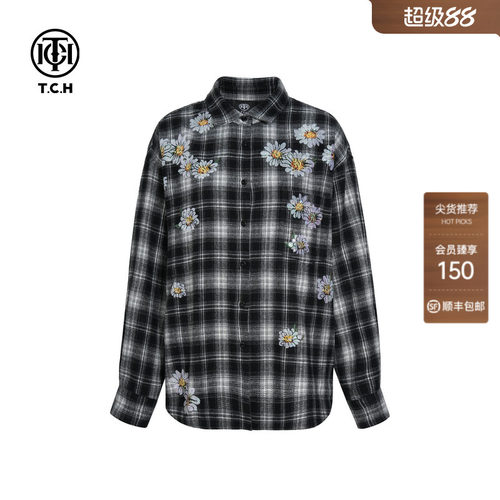 TCH烫钻2026春季新款时尚宽松百搭黑白格衬衫上衣女T75C13E9007