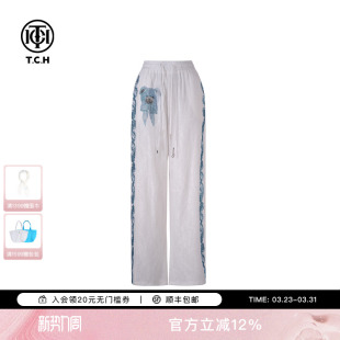 新款 女2025夏季 T75A20E5117 白色弯刀宽松休闲裤 TCH烫钻小熊时尚