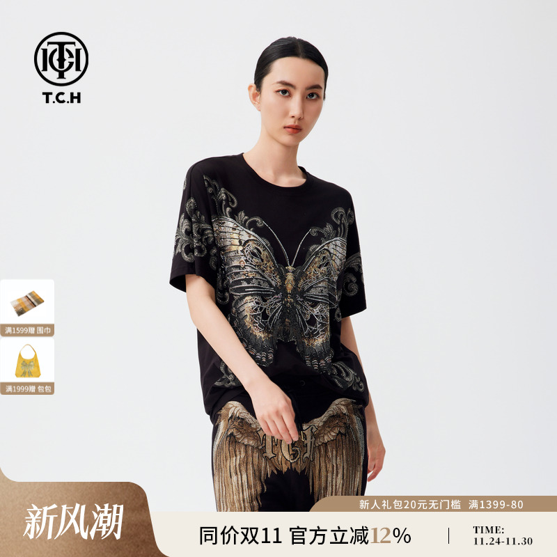 TCH潮牌烫钻短袖T恤男女个性时尚商场同款2024秋季新款T72C106026