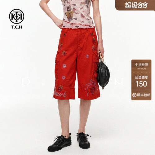 TCH美式甜酷草莓烫钻红色牛仔短裤女2026夏季新款宽松阔腿五分裤